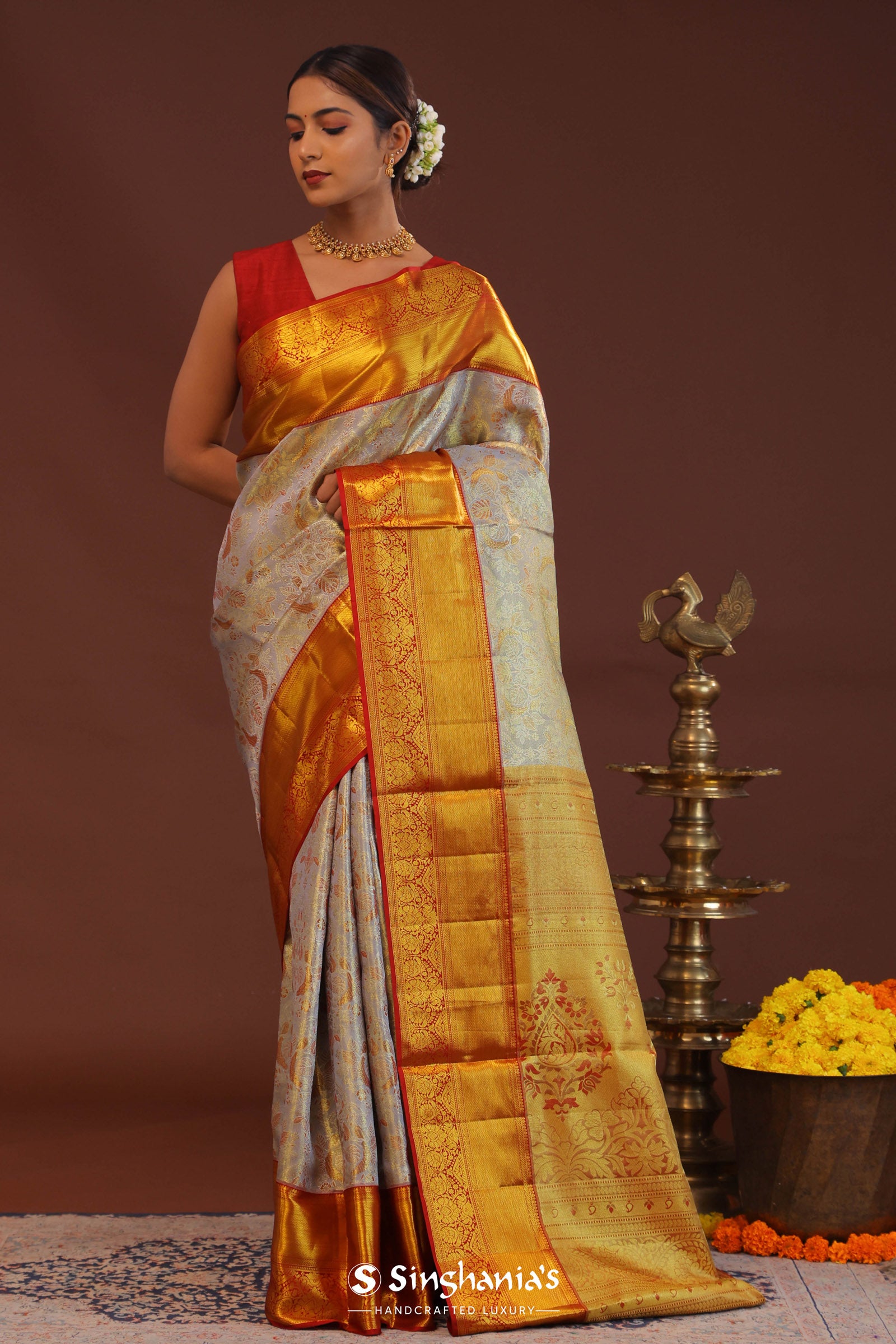 Grey Kanjivaram Saree With Contrast Red Border