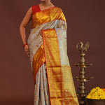 Grey Kanjivaram Saree With Contrast Red Border