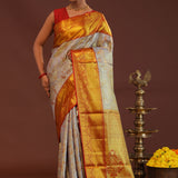 Grey Kanjivaram Saree With Contrast Red Border