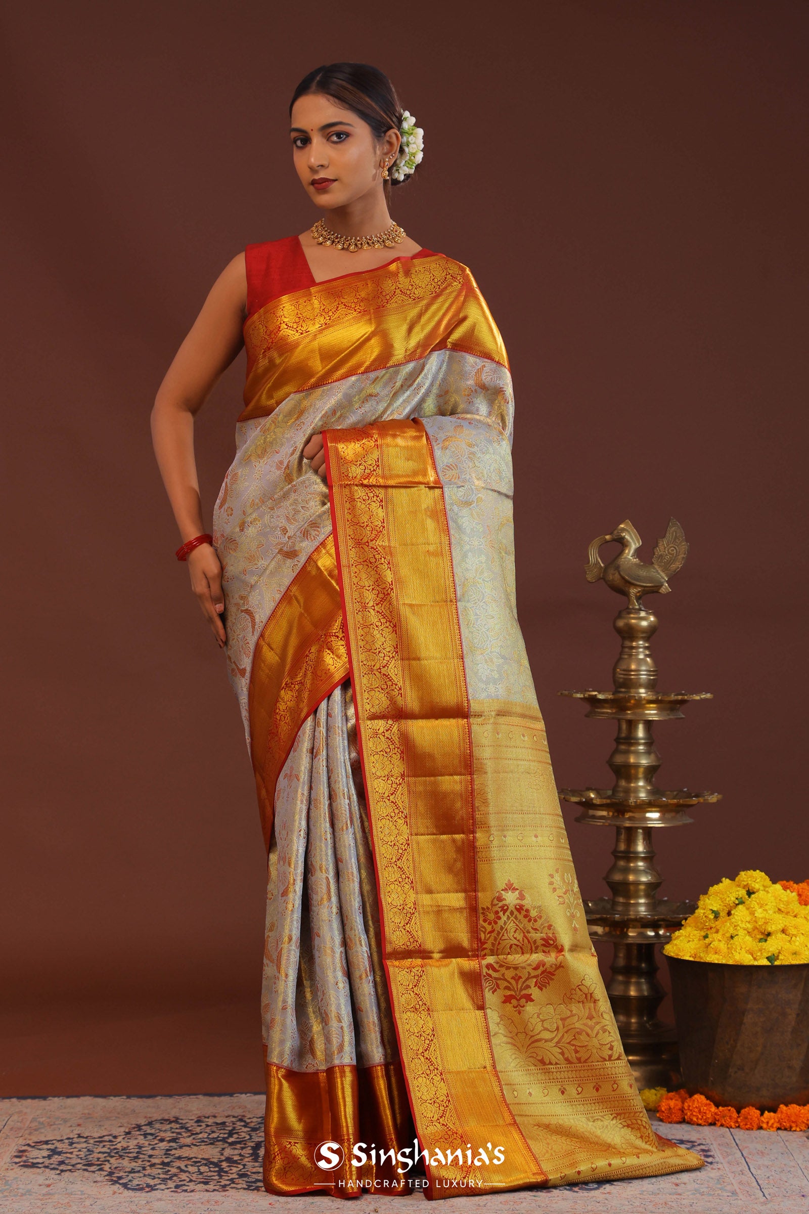 Grey Kanjivaram Saree With Contrast Red Border