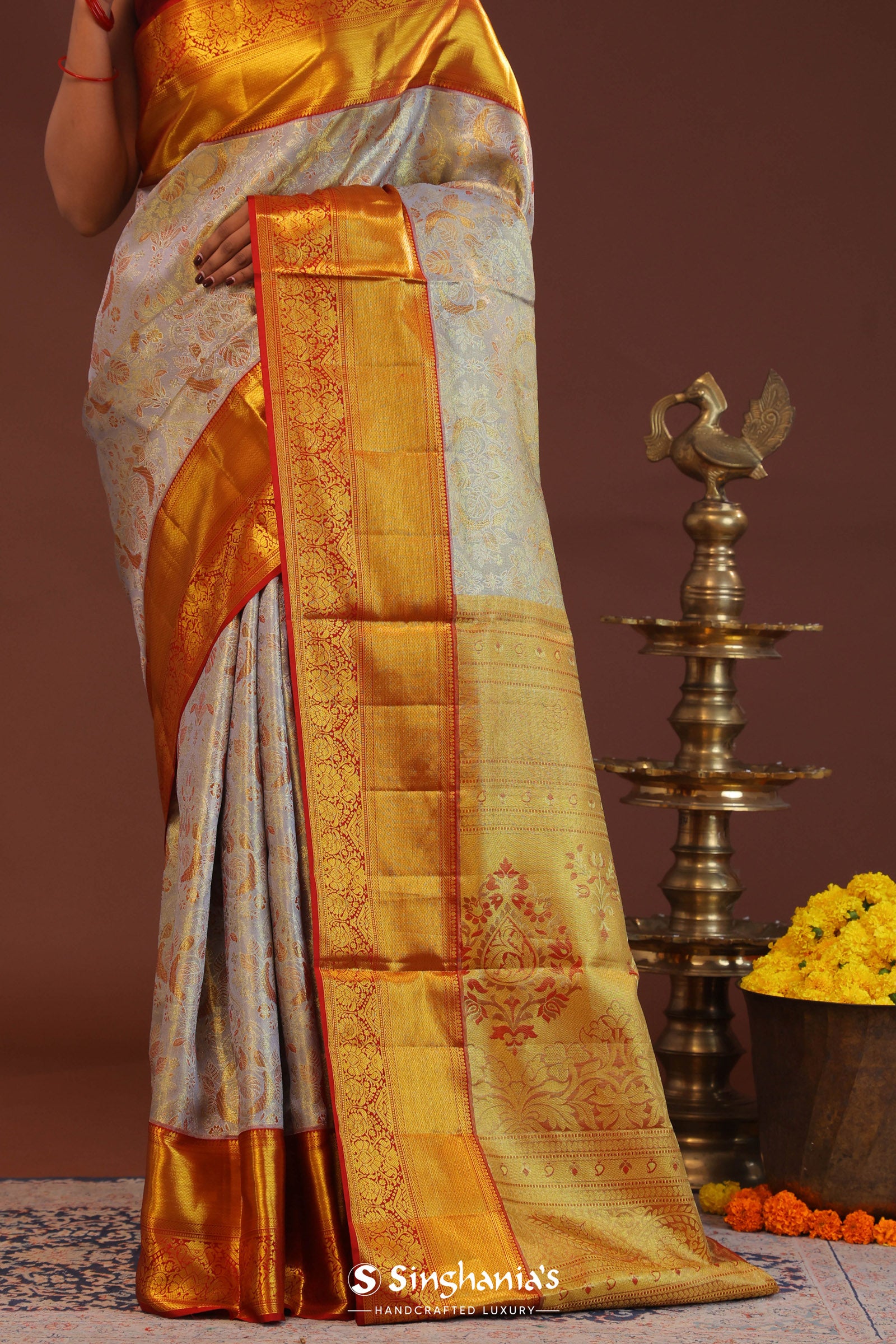 Grey Kanjivaram Saree With Contrast Red Border