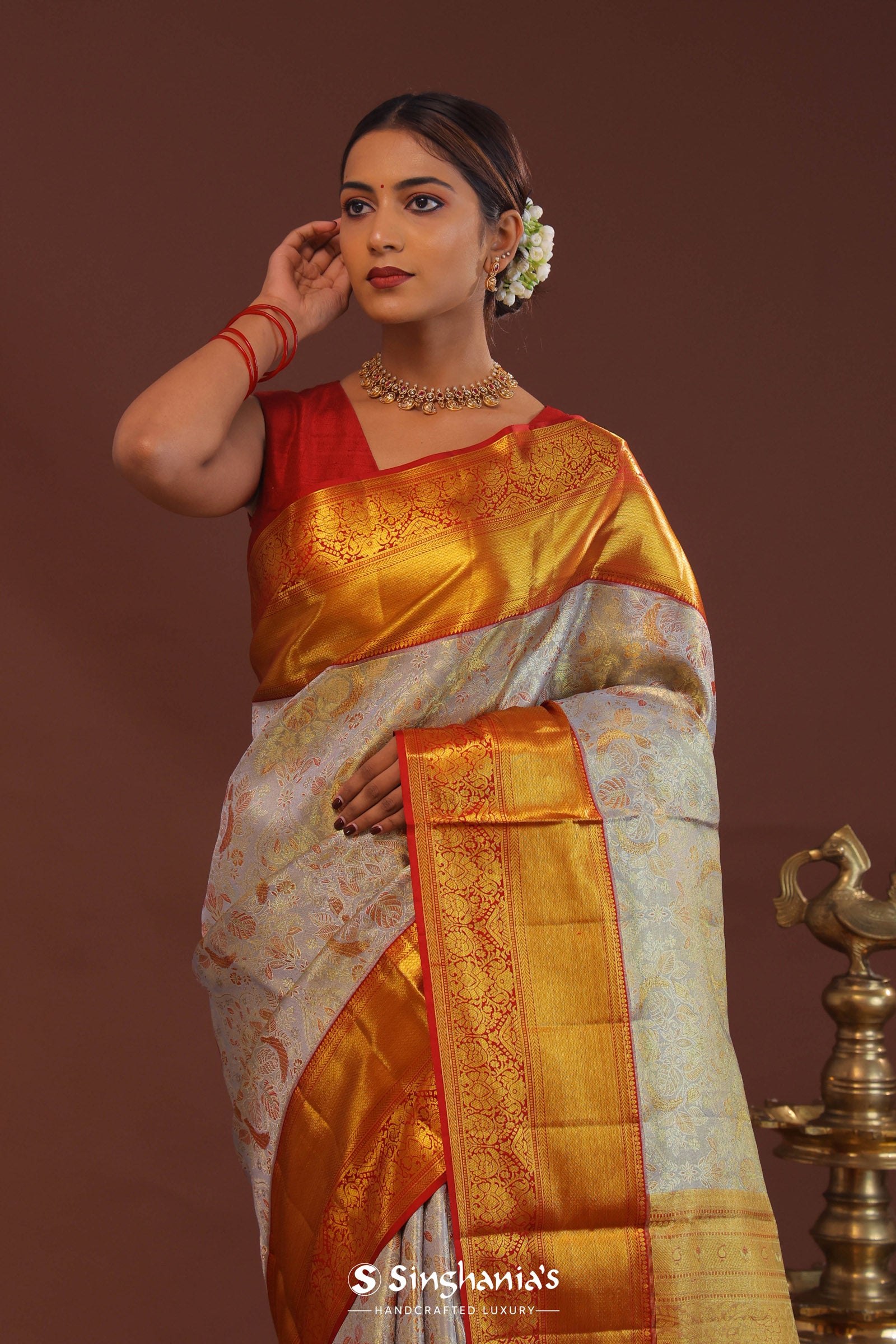 Grey Kanjivaram Saree With Contrast Red Border