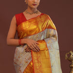 Grey Kanjivaram Saree With Contrast Red Border