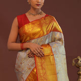 Grey Kanjivaram Saree With Contrast Red Border