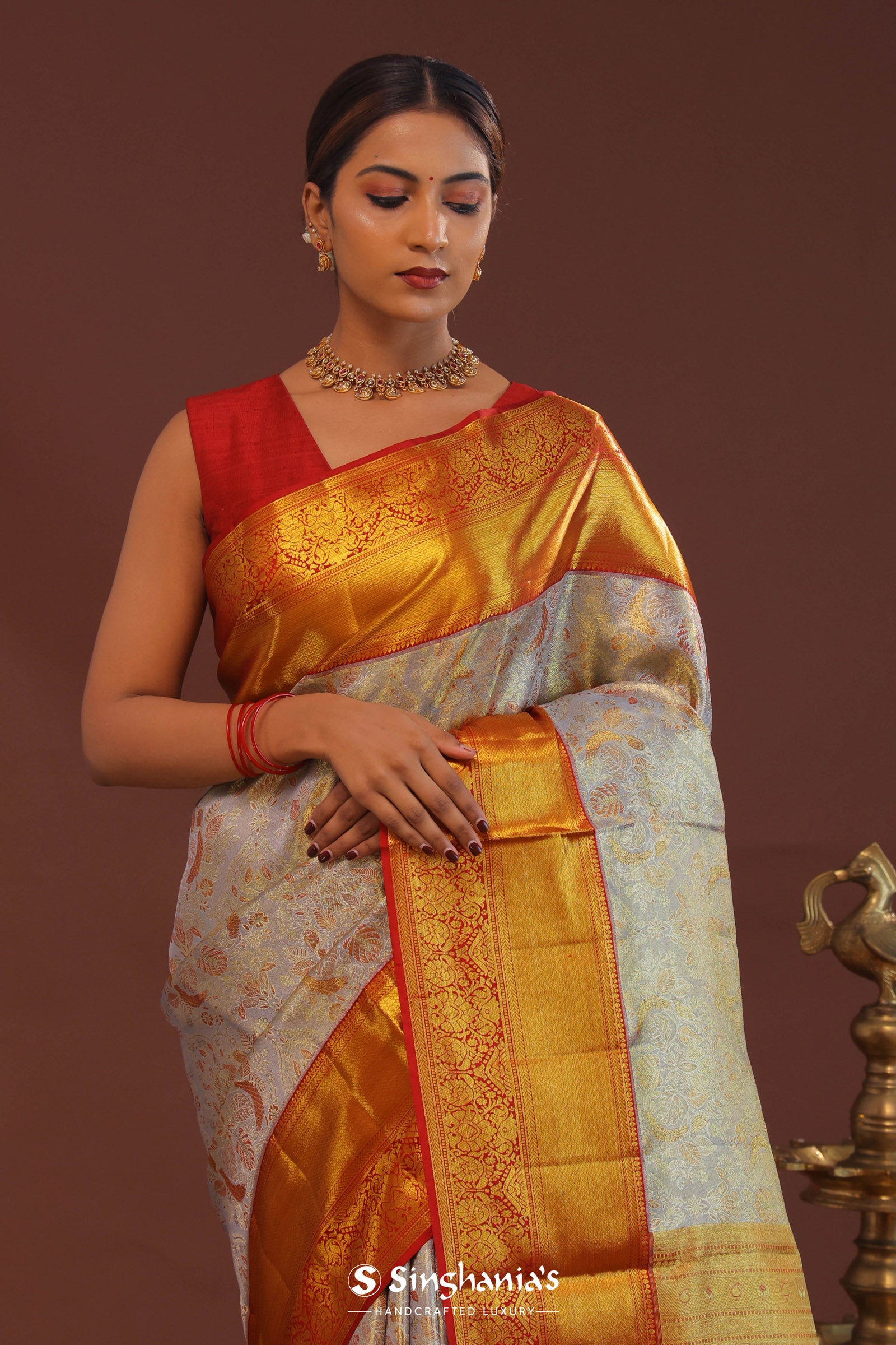 Grey Kanjivaram Saree With Contrast Red Border