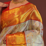 Grey Kanjivaram Saree With Contrast Red Border