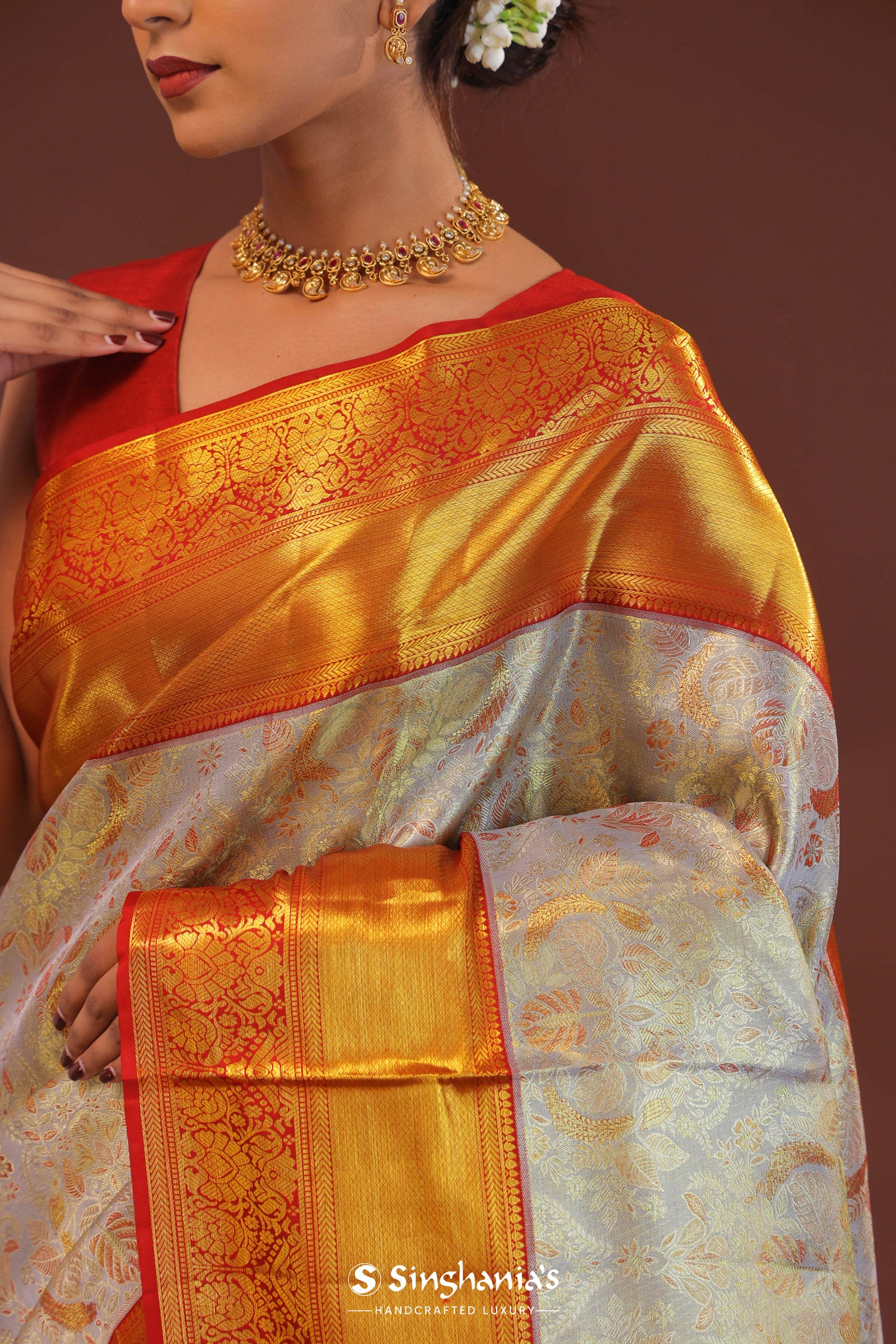 Grey Kanjivaram Saree With Contrast Red Border
