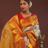 Grey Kanjivaram Saree With Contrast Red Border