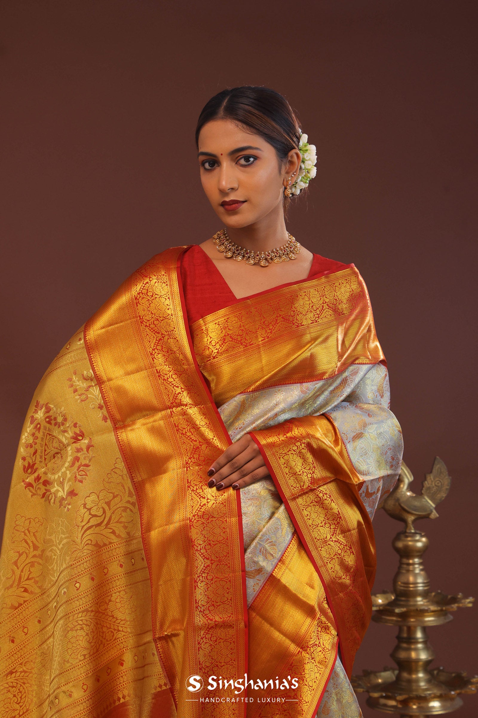 Grey Kanjivaram Saree With Contrast Red Border