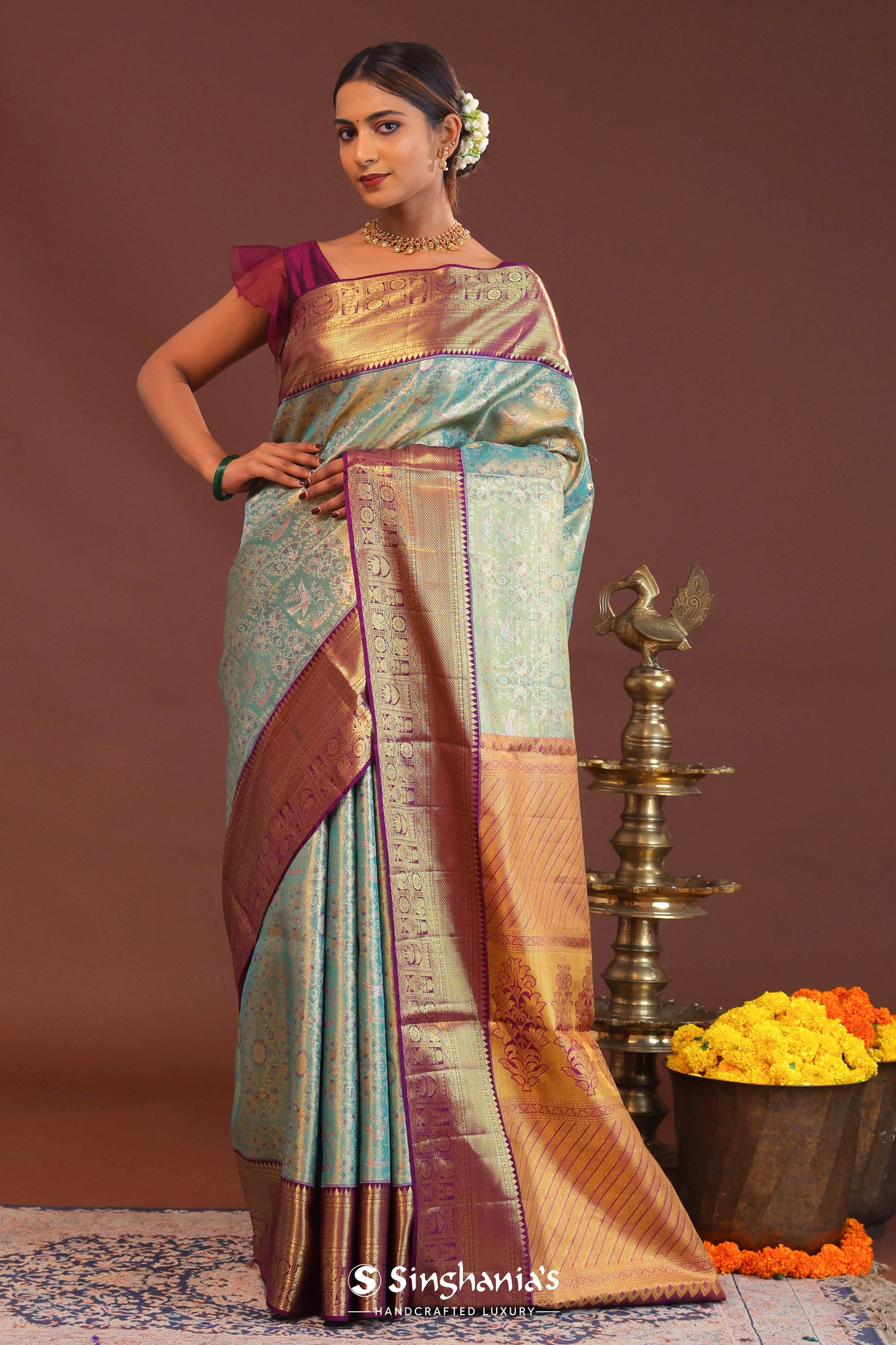 Teal Blue Kanjivaram Tissue Saree With Contrast Midnight Purple