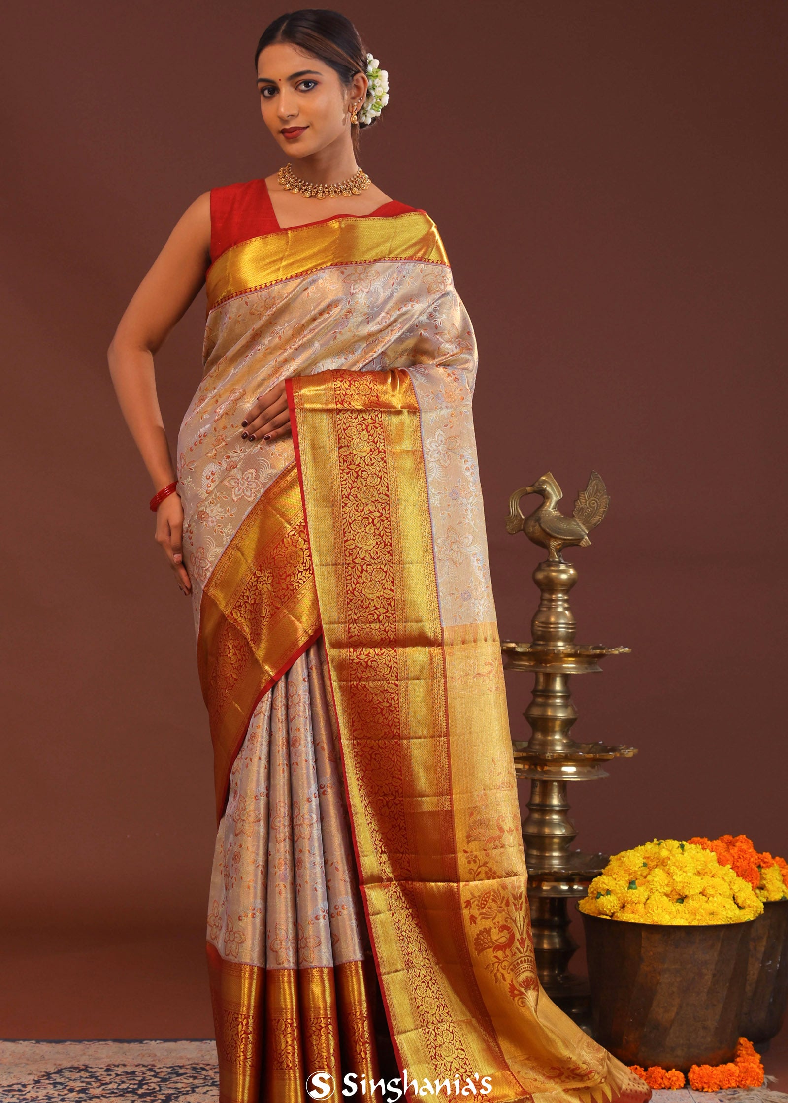 Beige Kanjivaram Tissue Saree With Contrast Red Border
