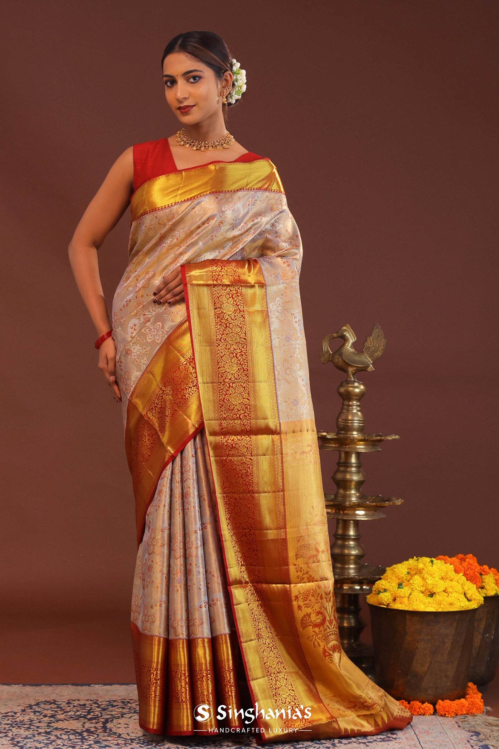 Beige Kanjivaram Tissue Saree With Contrast Red Border