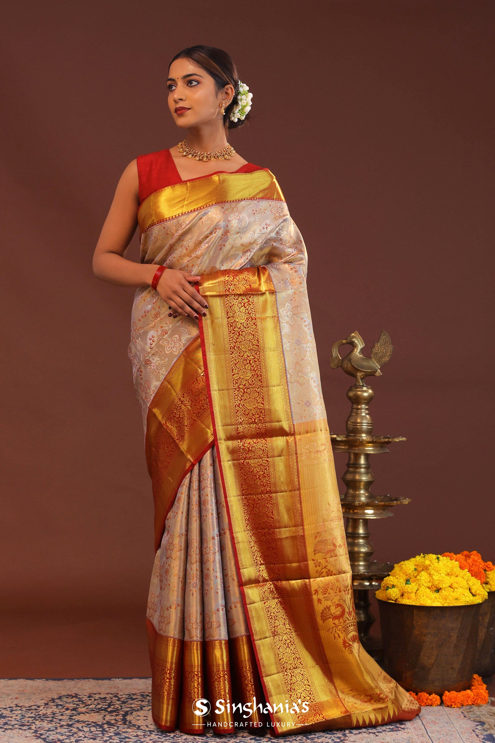 Beige Kanjivaram Tissue Saree With Contrast Red Border