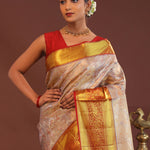 Beige Kanjivaram Tissue Saree With Contrast Red Border