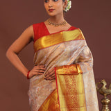 Beige Kanjivaram Tissue Saree With Contrast Red Border