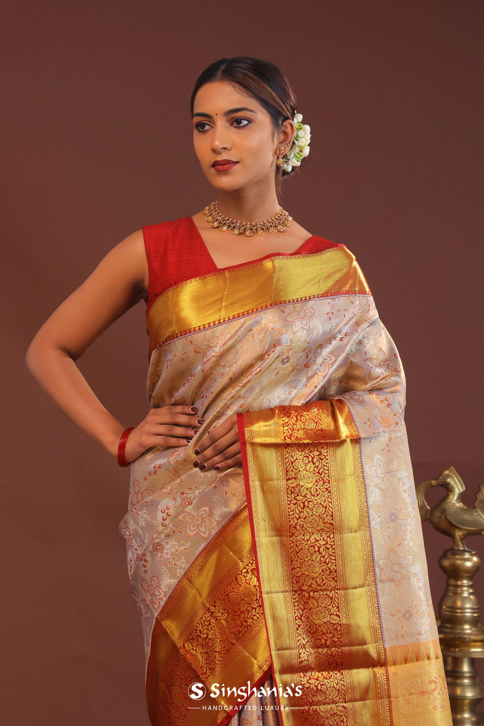 Beige Kanjivaram Tissue Saree With Contrast Red Border