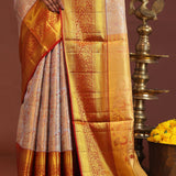 Beige Kanjivaram Tissue Saree With Contrast Red Border
