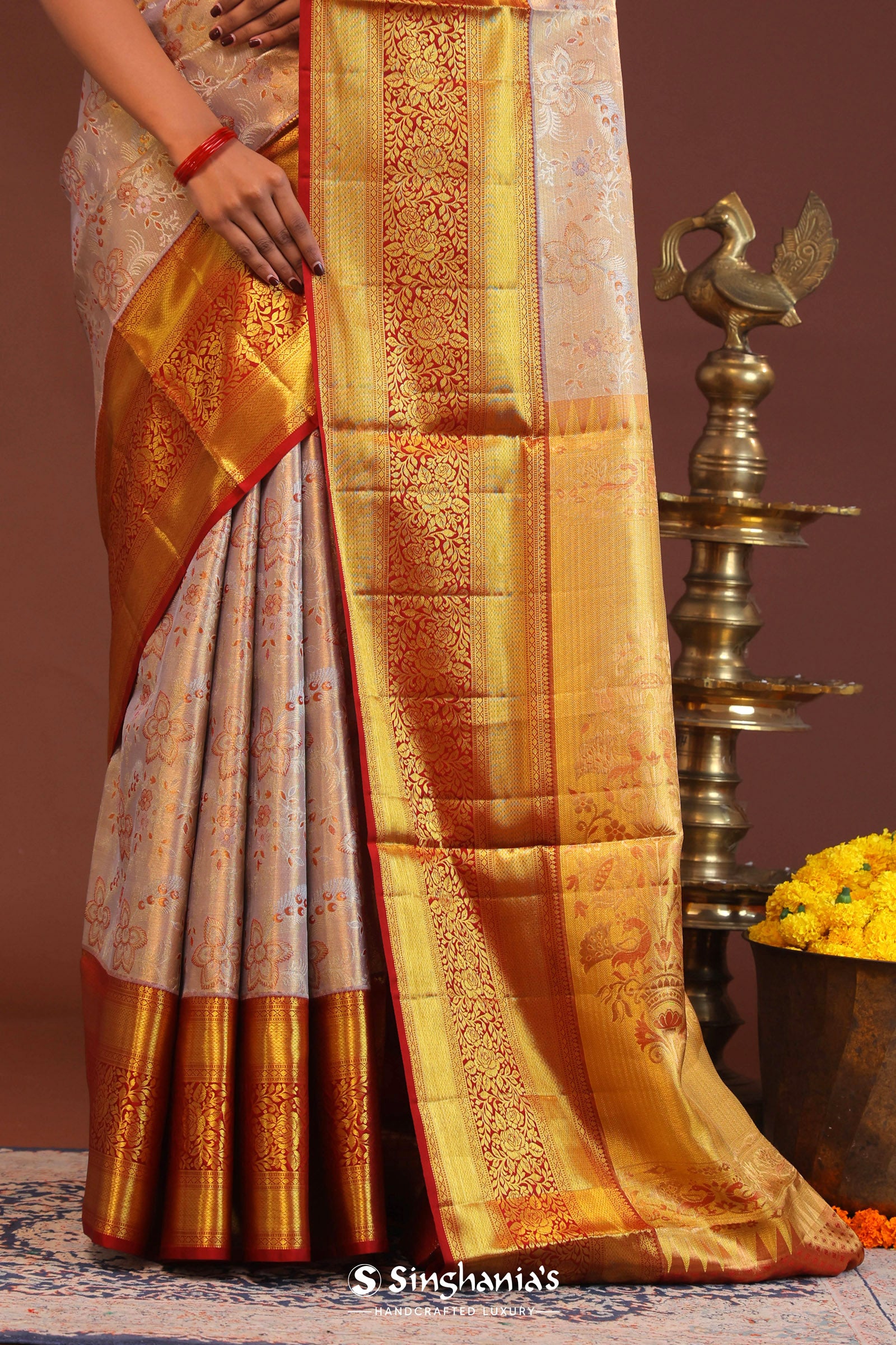 Beige Kanjivaram Tissue Saree With Contrast Red Border