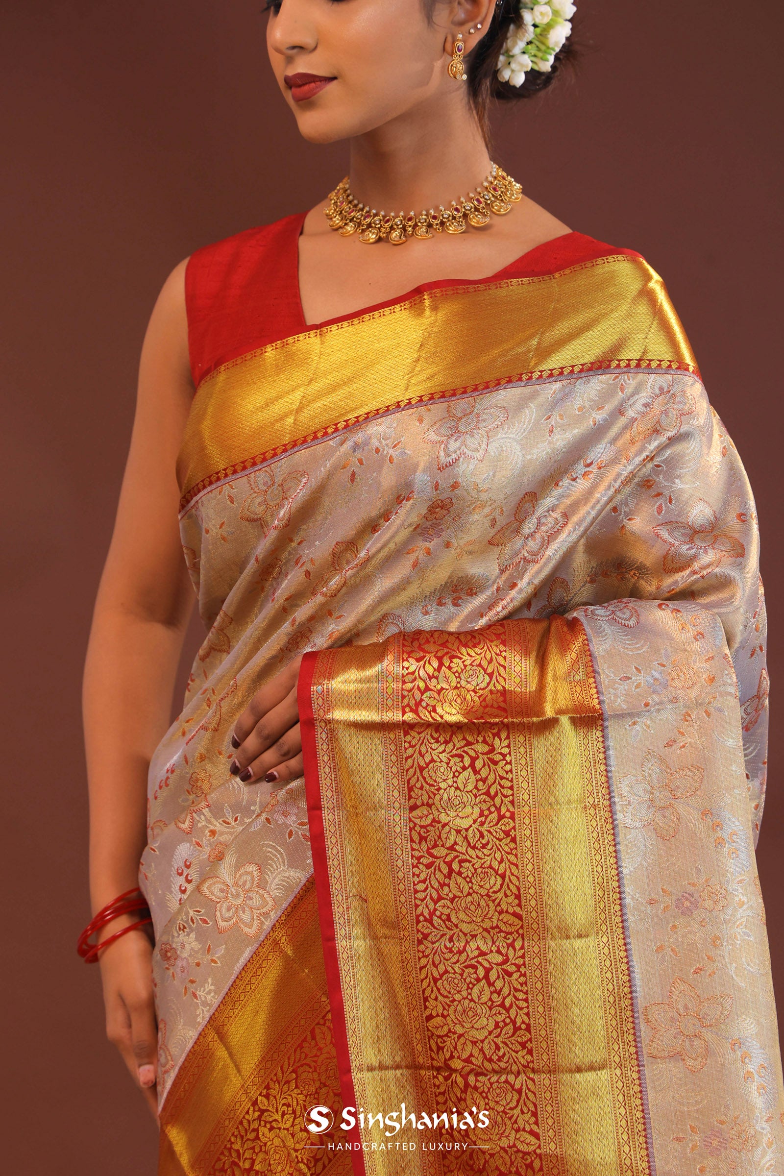 Beige Kanjivaram Tissue Saree With Contrast Red Border