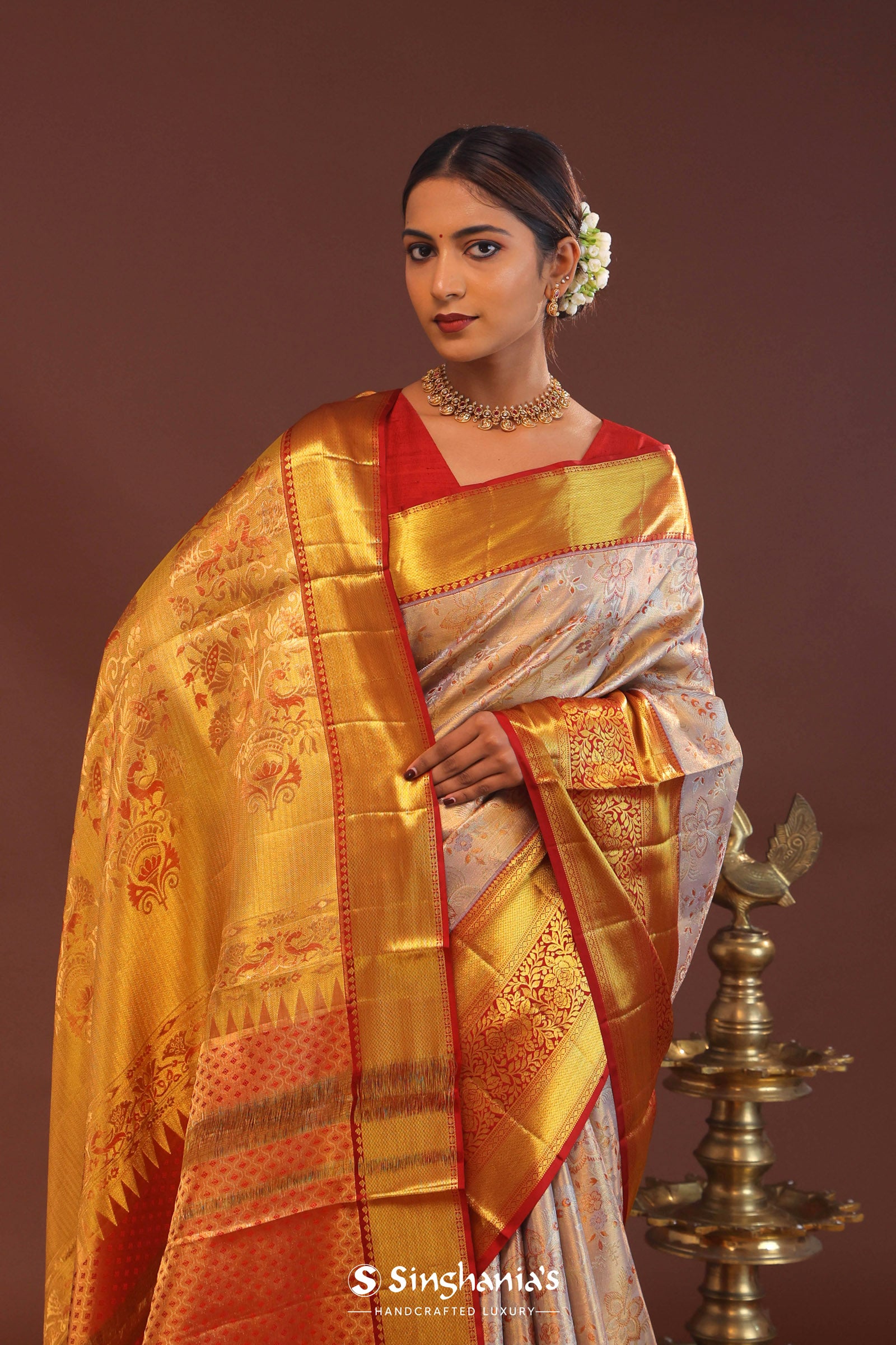 Beige Kanjivaram Tissue Saree With Contrast Red Border