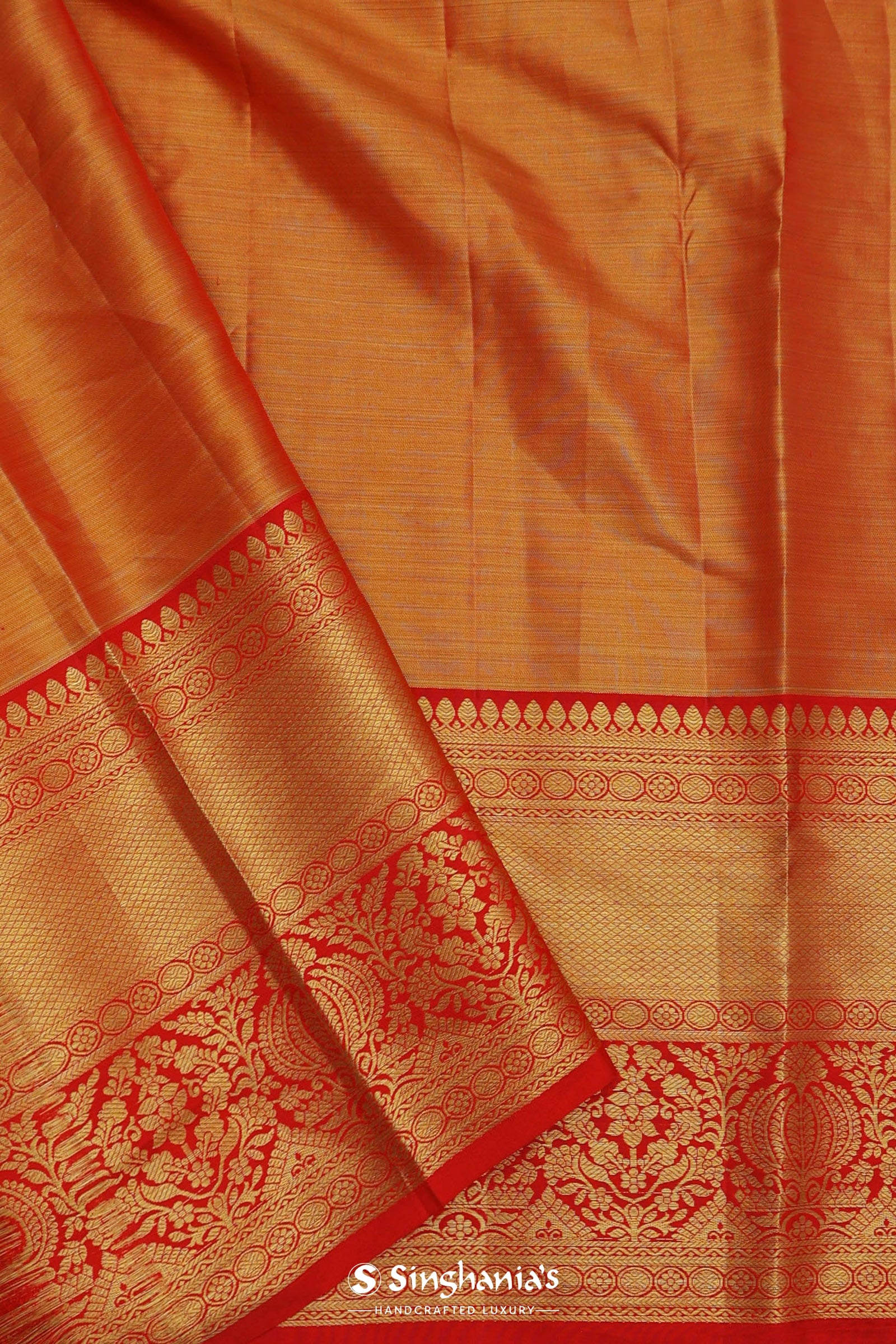 Pistachio Green Kanjivaram Tissue Saree With Contrast Orange Border