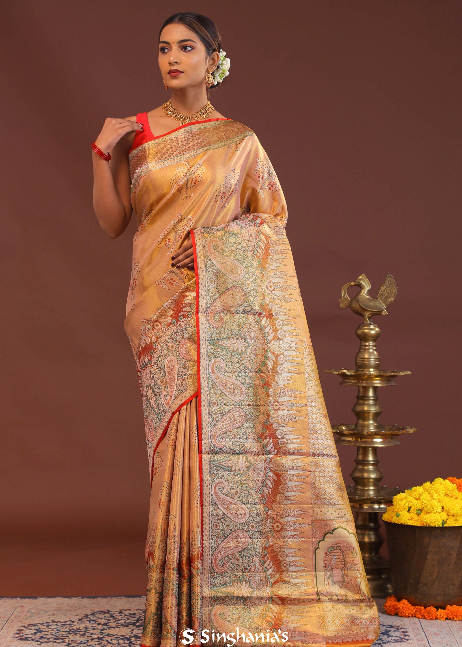Peach Kanjivaram Saree With Orange Edge And Designer Border