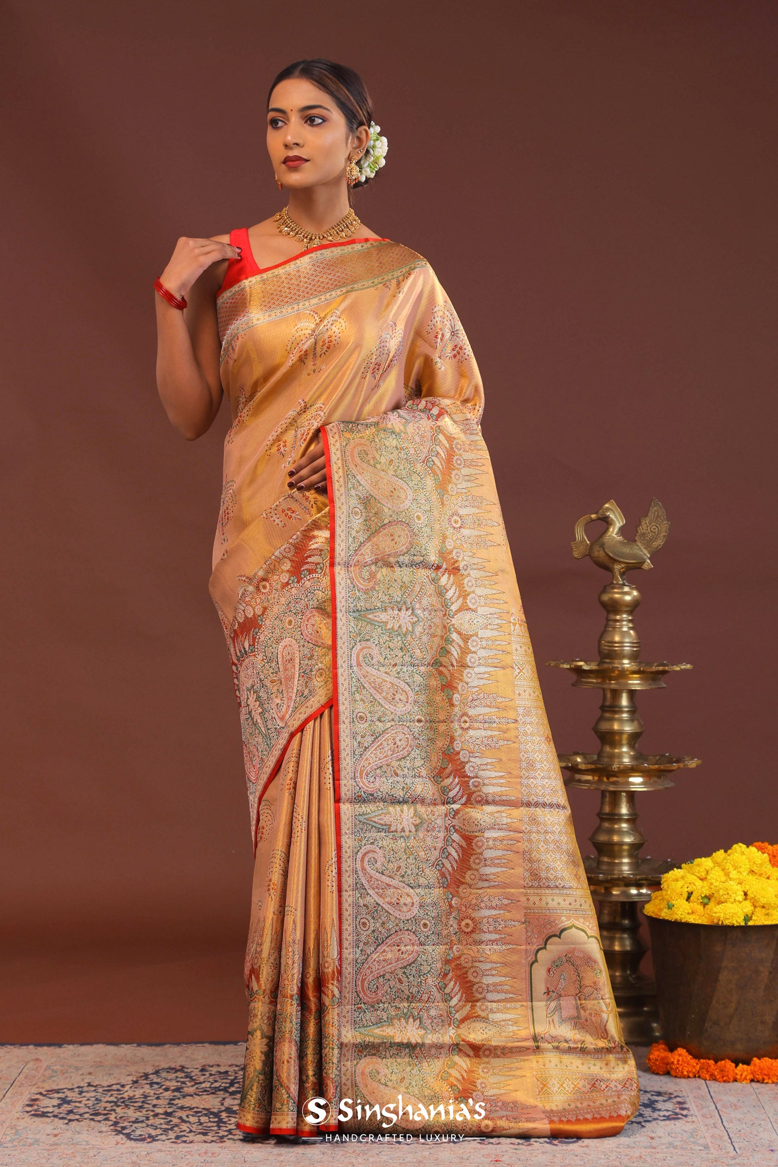Peach Kanjivaram Saree With Orange Edge And Designer Border