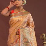 Peach Kanjivaram Saree With Orange Edge And Designer Border