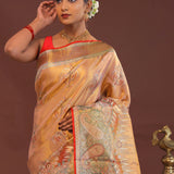 Peach Kanjivaram Saree With Orange Edge And Designer Border