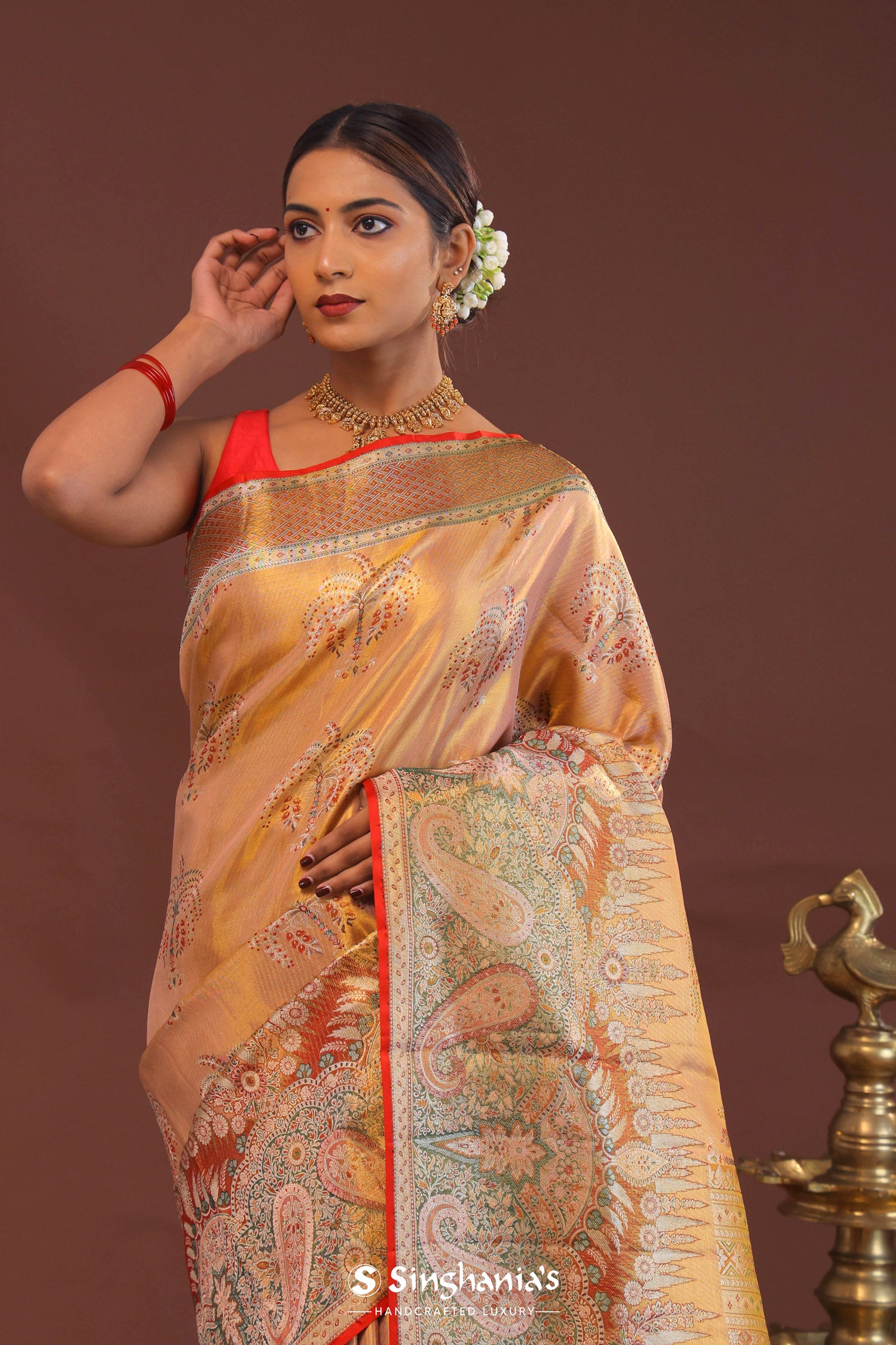 Peach Kanjivaram Saree With Orange Edge And Designer Border