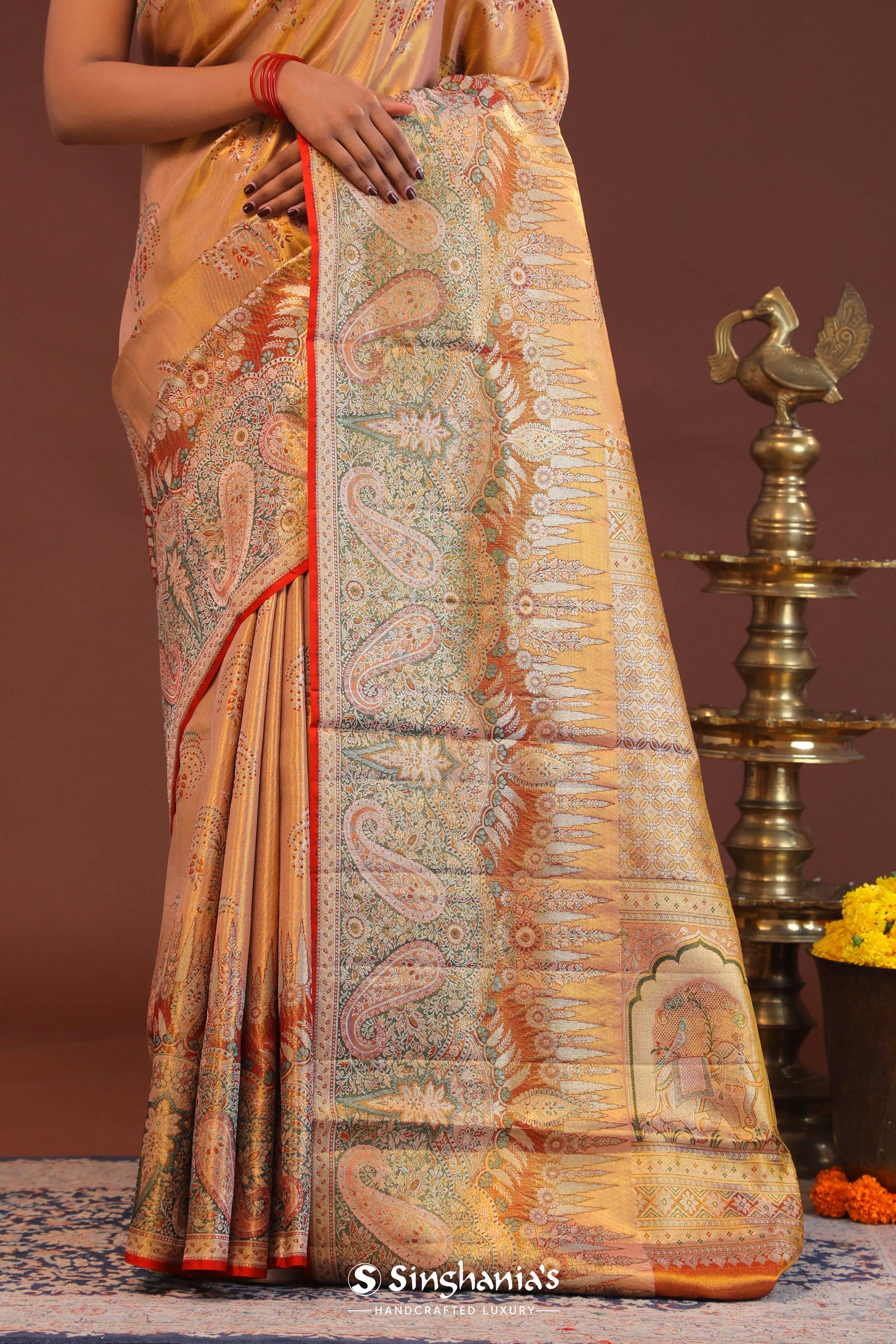 Peach Kanjivaram Saree With Orange Edge And Designer Border