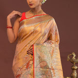 Peach Kanjivaram Saree With Orange Edge And Designer Border