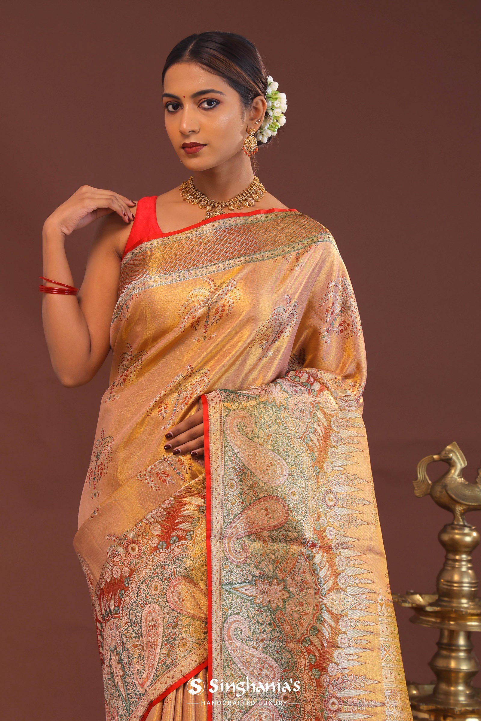 Peach Kanjivaram Saree With Orange Edge And Designer Border