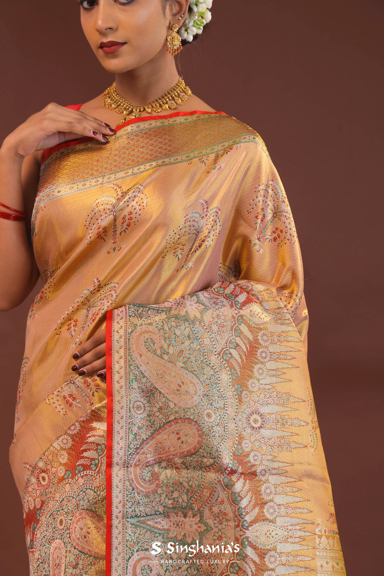 Peach Kanjivaram Saree With Orange Edge And Designer Border