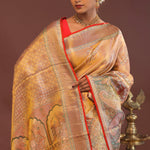 Peach Kanjivaram Saree With Orange Edge And Designer Border