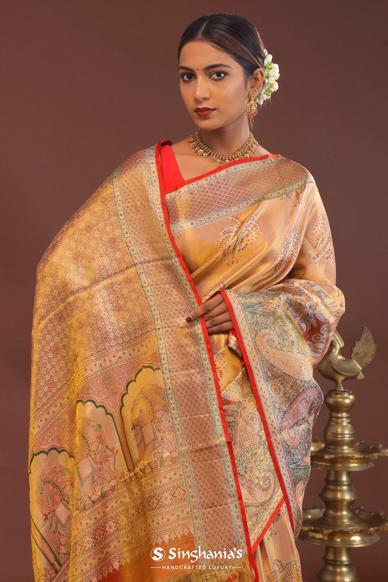 Peach Kanjivaram Saree With Orange Edge And Designer Border