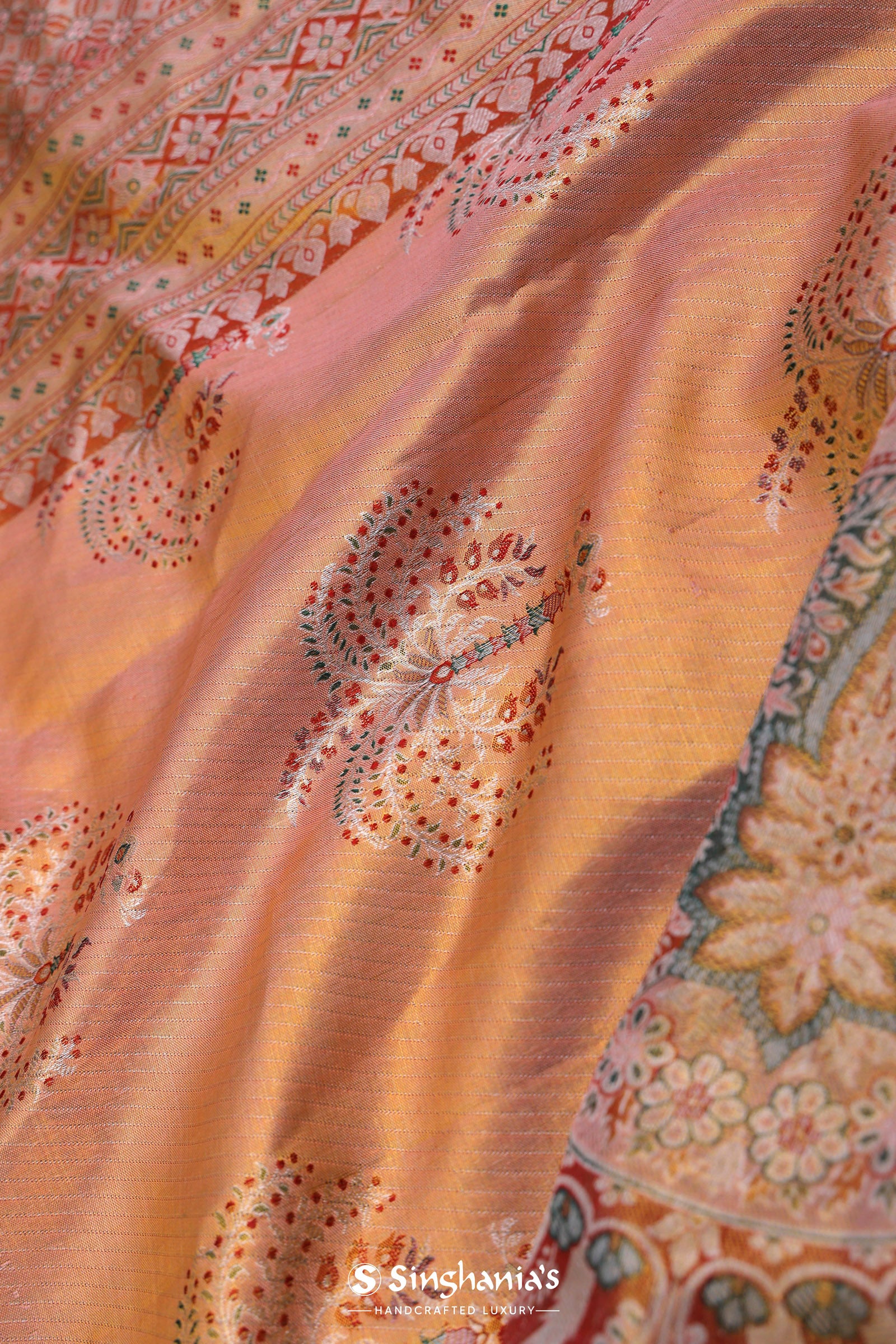 Peach Kanjivaram Saree With Orange Edge And Designer Border