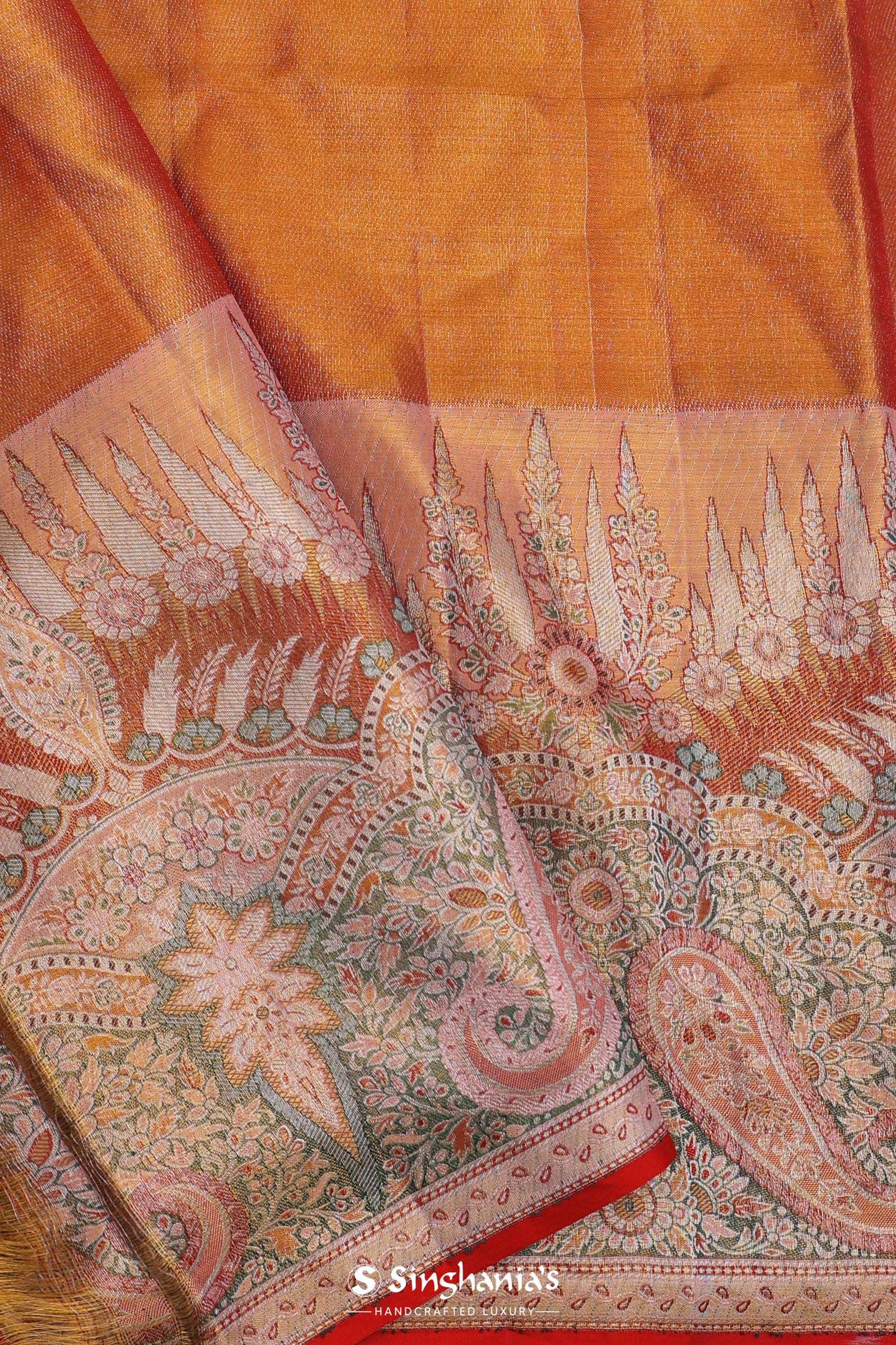 Peach Kanjivaram Saree With Orange Edge And Designer Border