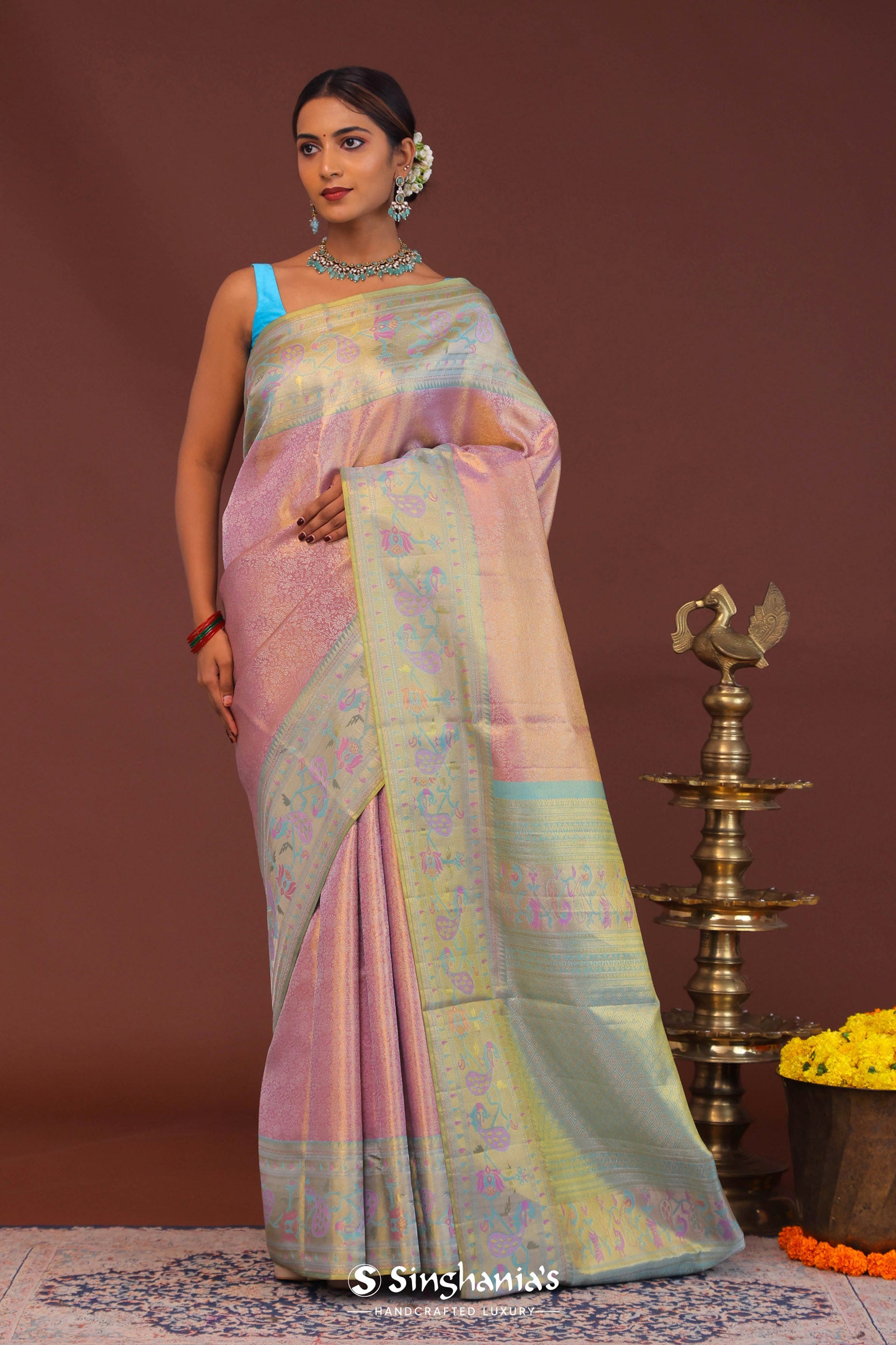 Baby Pink Kanjivaram Tissue Saree With Sky Blue Border
