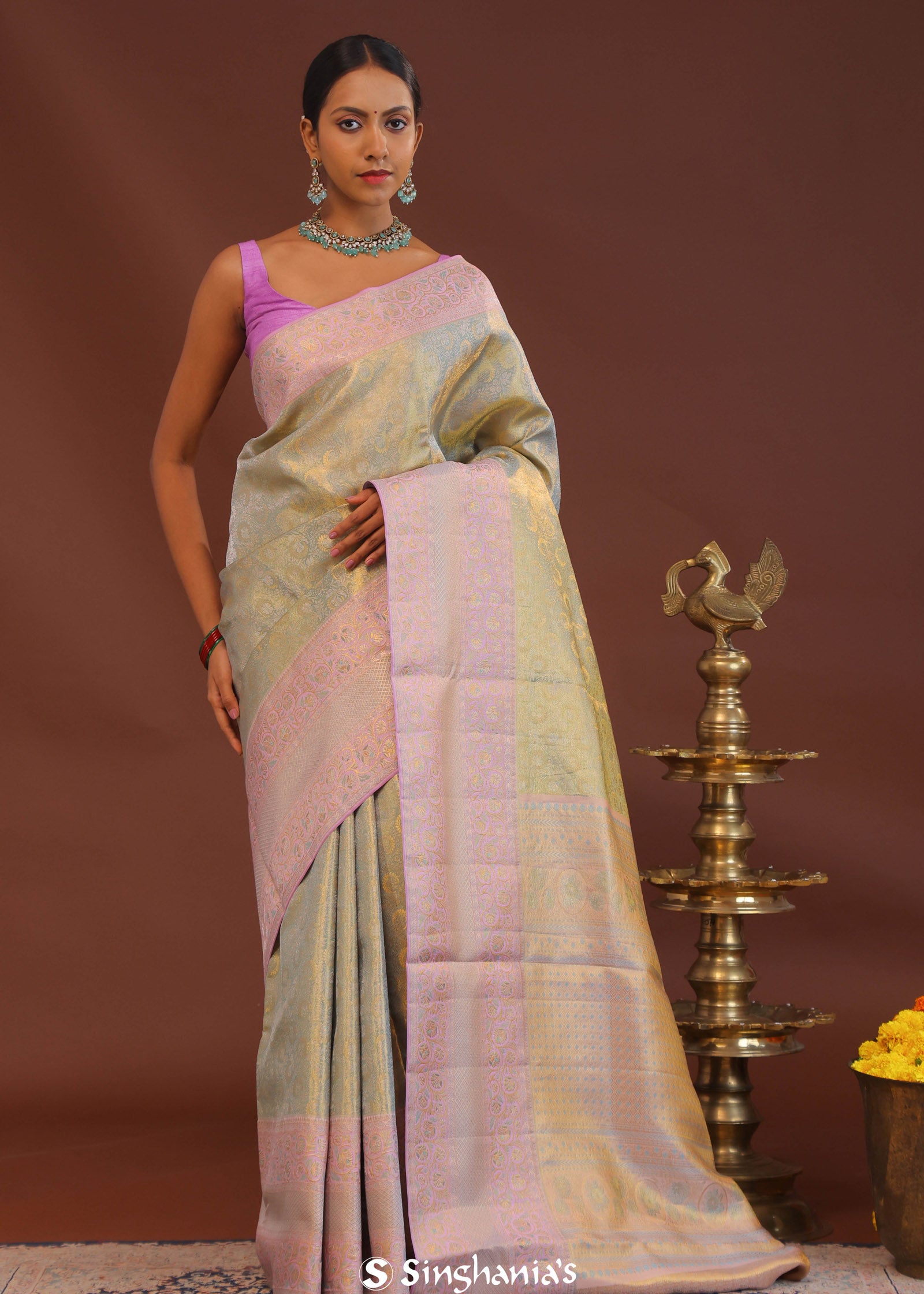 Pistachio Green Kanjivaram Saree With Lilac Border