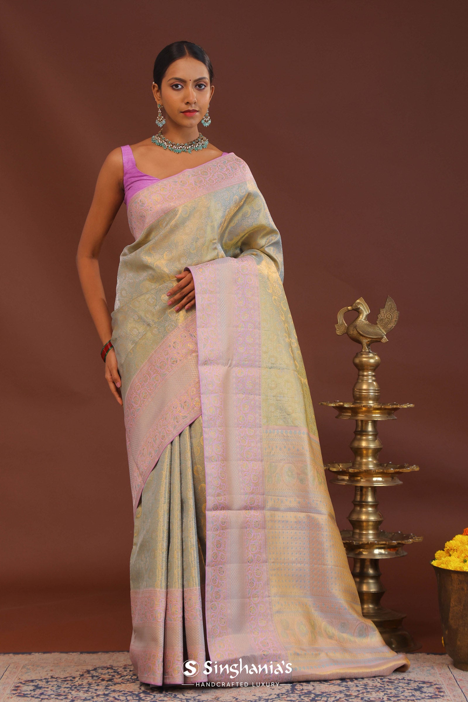Pistachio Green Kanjivaram Saree With Lilac Border