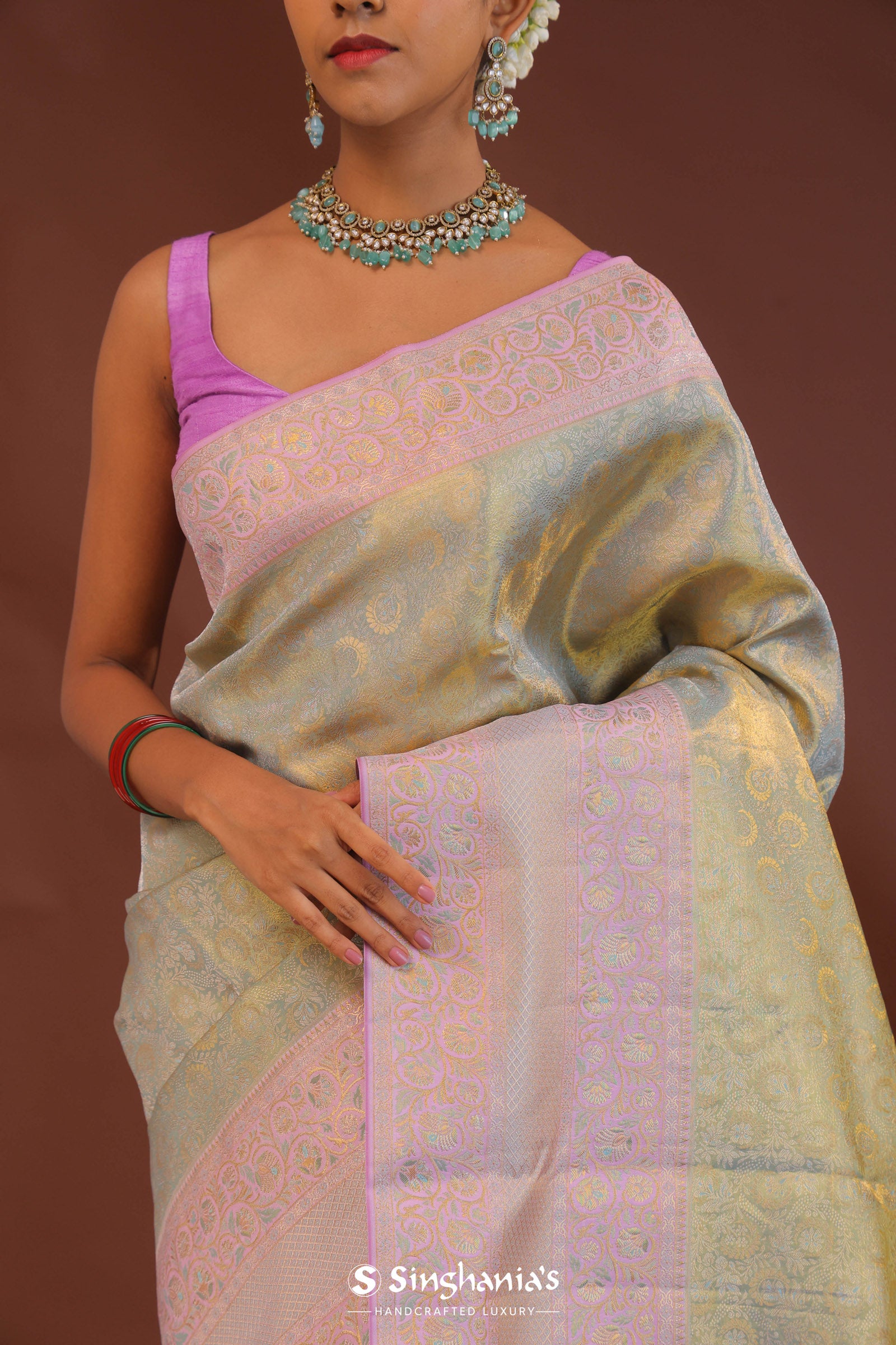 Pistachio Green Kanjivaram Saree With Lilac Border