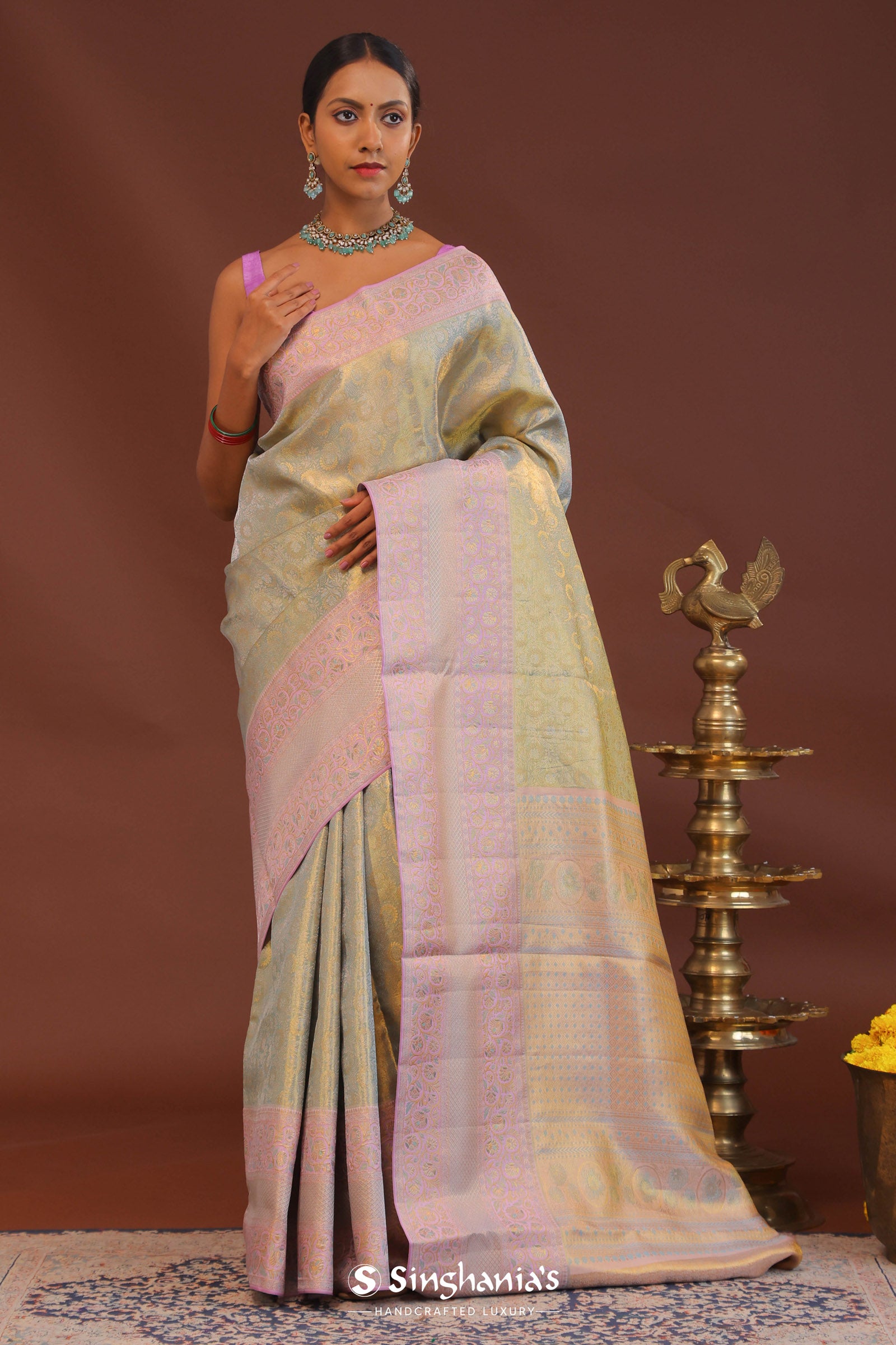 Pistachio Green Kanjivaram Saree With Lilac Border