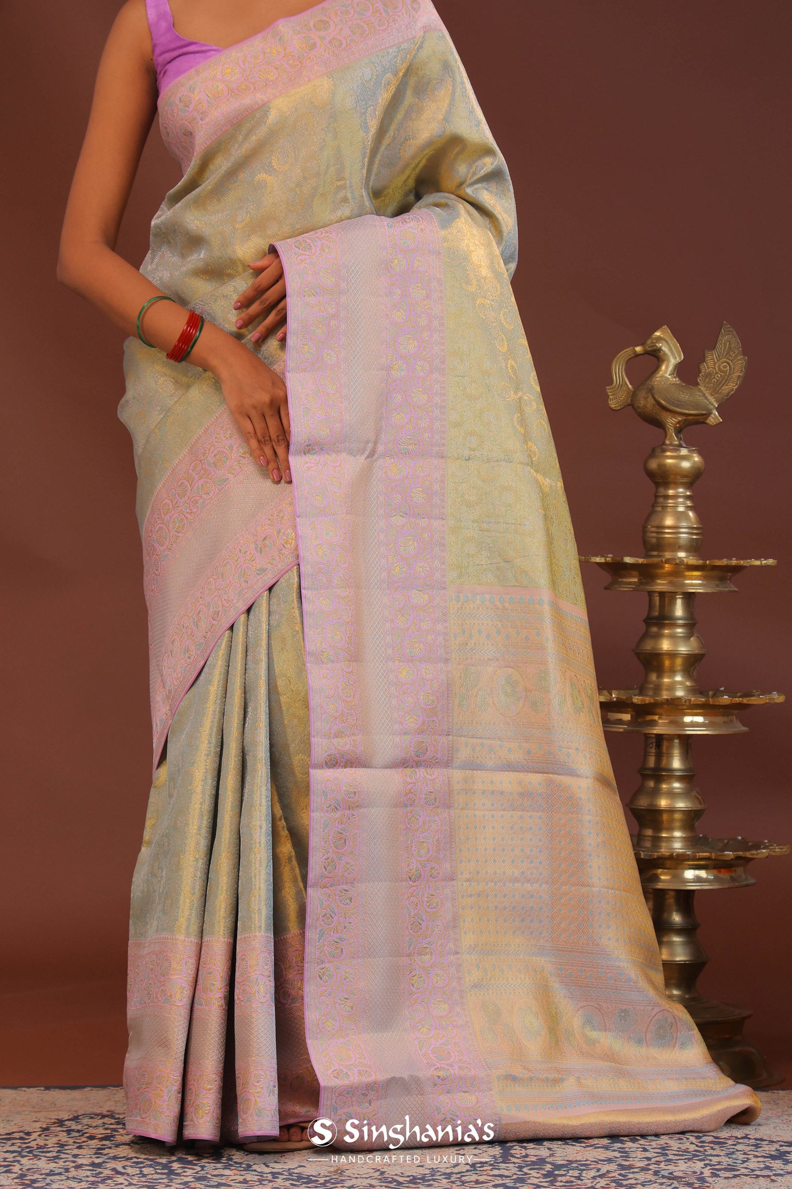 Pistachio Green Kanjivaram Saree With Lilac Border