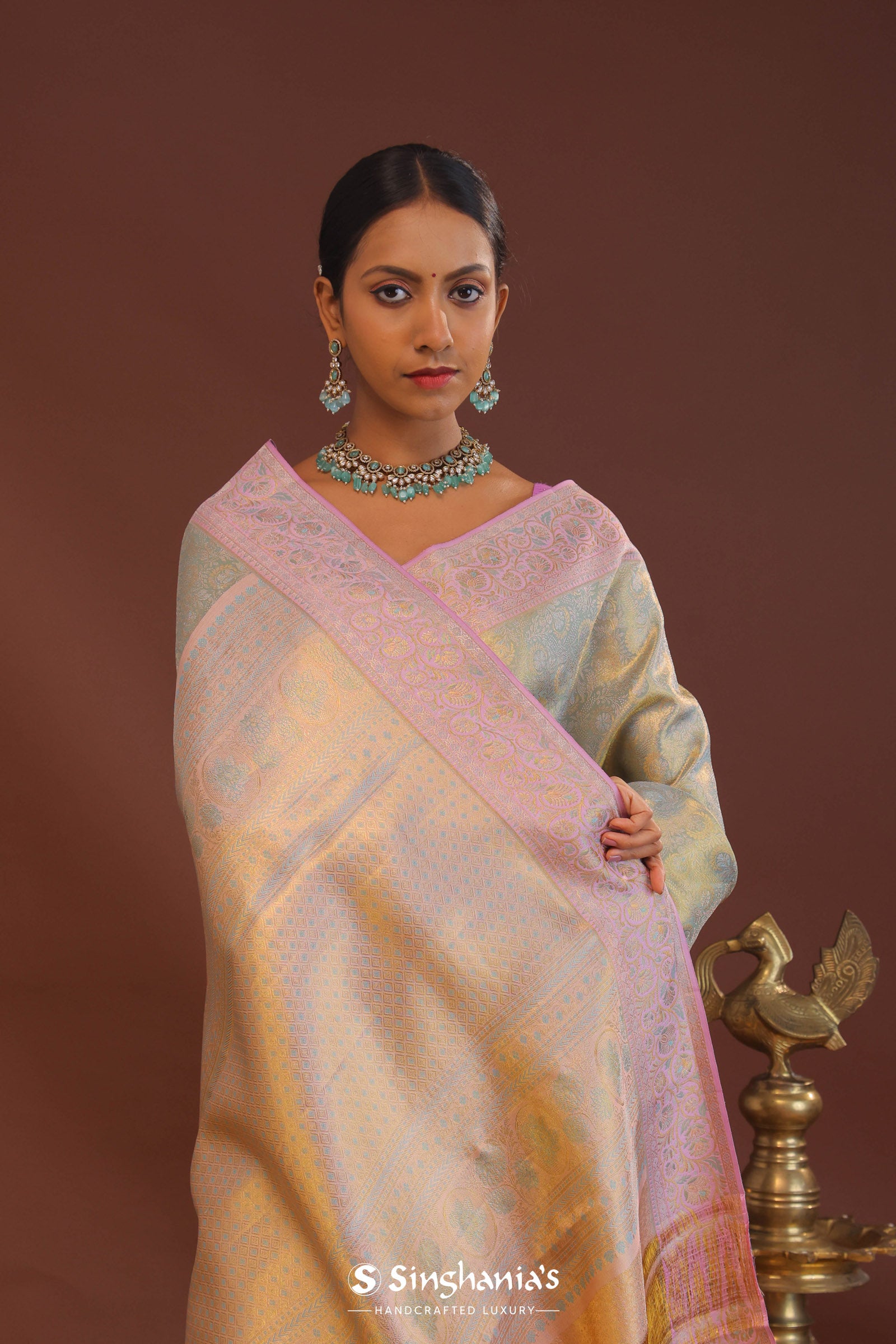 Pistachio Green Kanjivaram Saree With Lilac Border