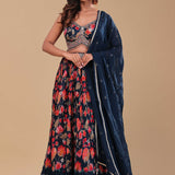 Very Dark Blue Chinon Lehenga Set