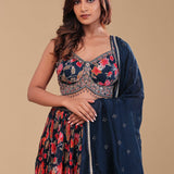 Very Dark Blue Chinon Lehenga Set