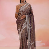 Wood Brown Georgette Tissue Saree With Sequins Work