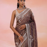 Wood Brown Georgette Tissue Saree With Sequins Work