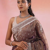 Wood Brown Georgette Tissue Saree With Sequins Work